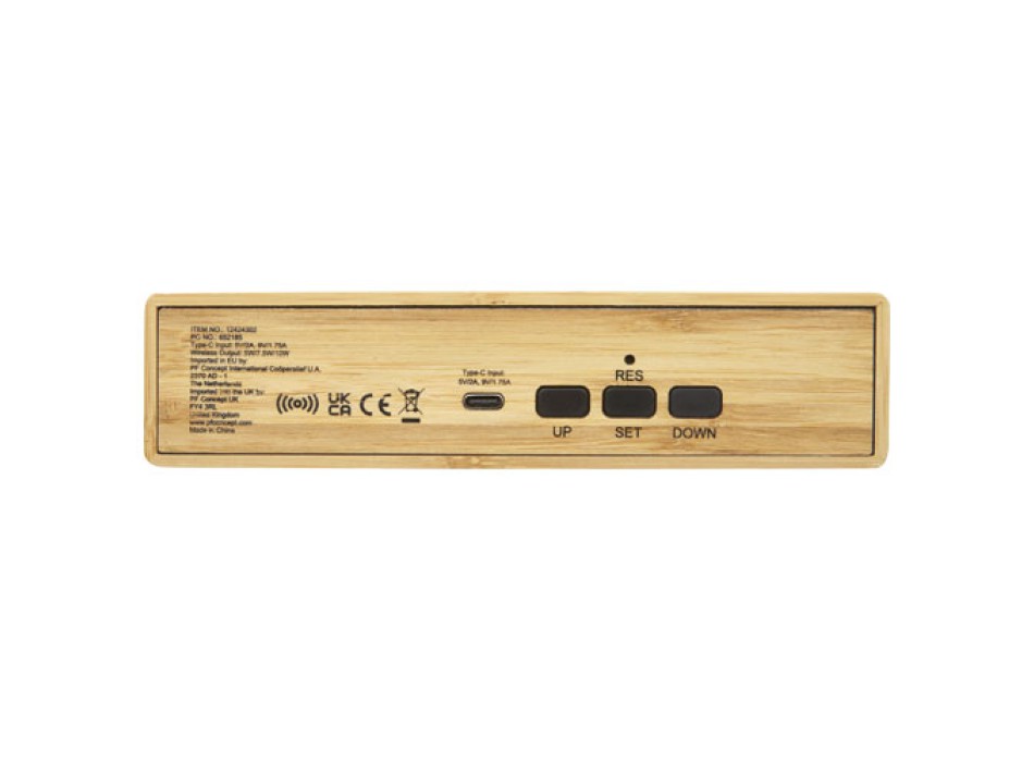 Caricabatterie wireless in bambù con orologio Minata