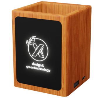 Portamatite in legno con logo luminoso e doppia uscita USB SCX.design O12